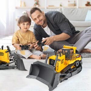 KidsFaves 11 Channel Remote Control Bulldozer, 1/16 Scale 2.4Ghz Full Functional Construction Vehicle, Rc Bulldozer Toys with Lights and Sounds for 6 7 8 9 10+ Years Old