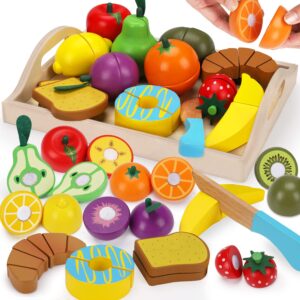 wooden pretend play food sets cutting toys for kids kitchen accessories playset montessori toys with toy knife velcro fruit board learning educational fine motor skills toddler toys birthday gift