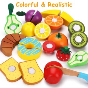 Wooden Pretend Play Food Sets Cutting Toys for Kids Kitchen Accessories Playset Montessori Toys with Toy Knife Velcro Fruit Board Learning Educational Fine Motor Skills Toddler Toys Birthday Gift