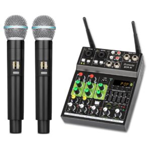 bomaite bo4-m portable karaoke microphone mixer system set, 4 channel mixer with dual wireless mic, mp3 bluetooth usb interface in singing for smart tv, pc, ktv, home theater, amplifier, speaker