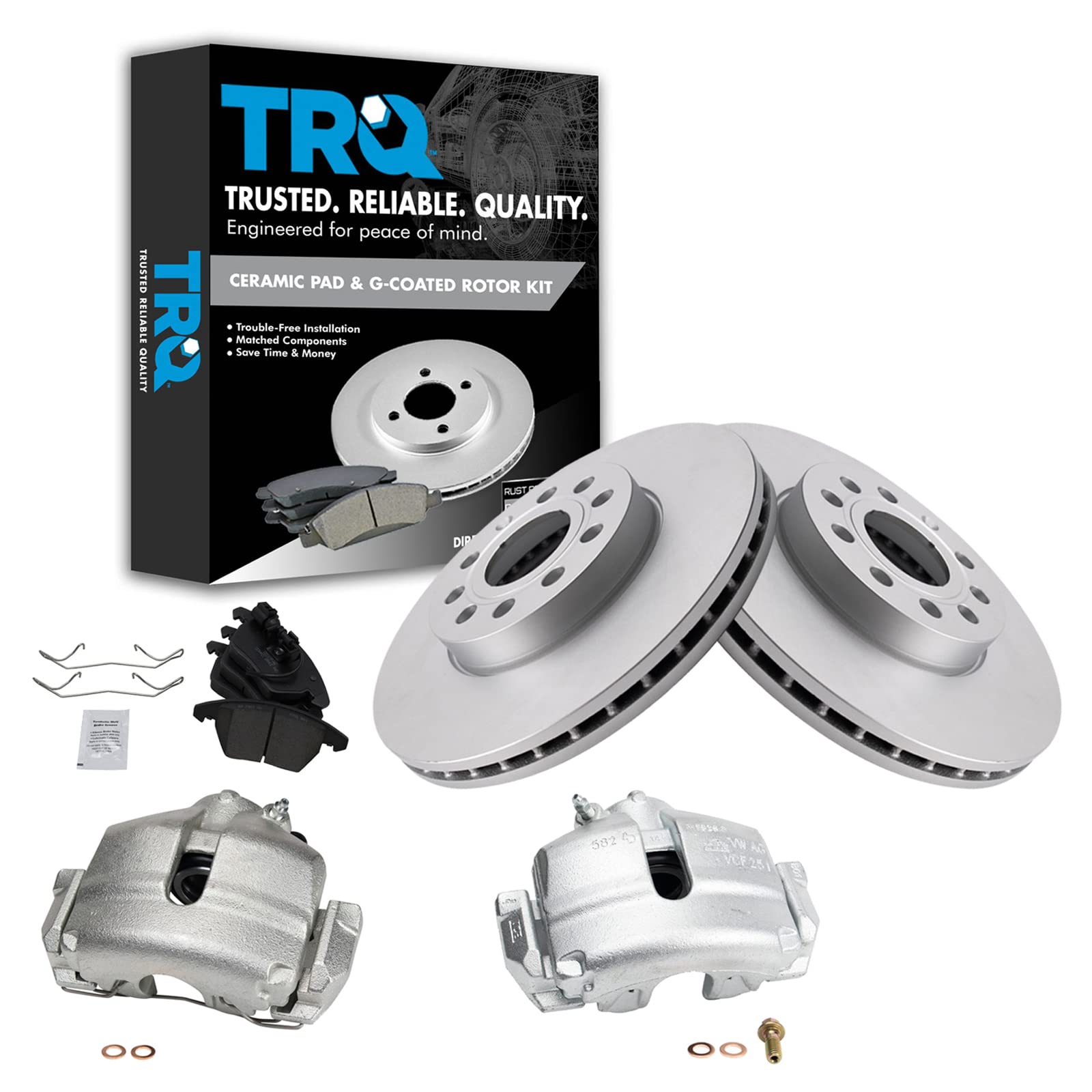 TRQ Front Brake Calipers Ceramic Pads Rotors Compatible with Beetle Golf Jetta Rabbit