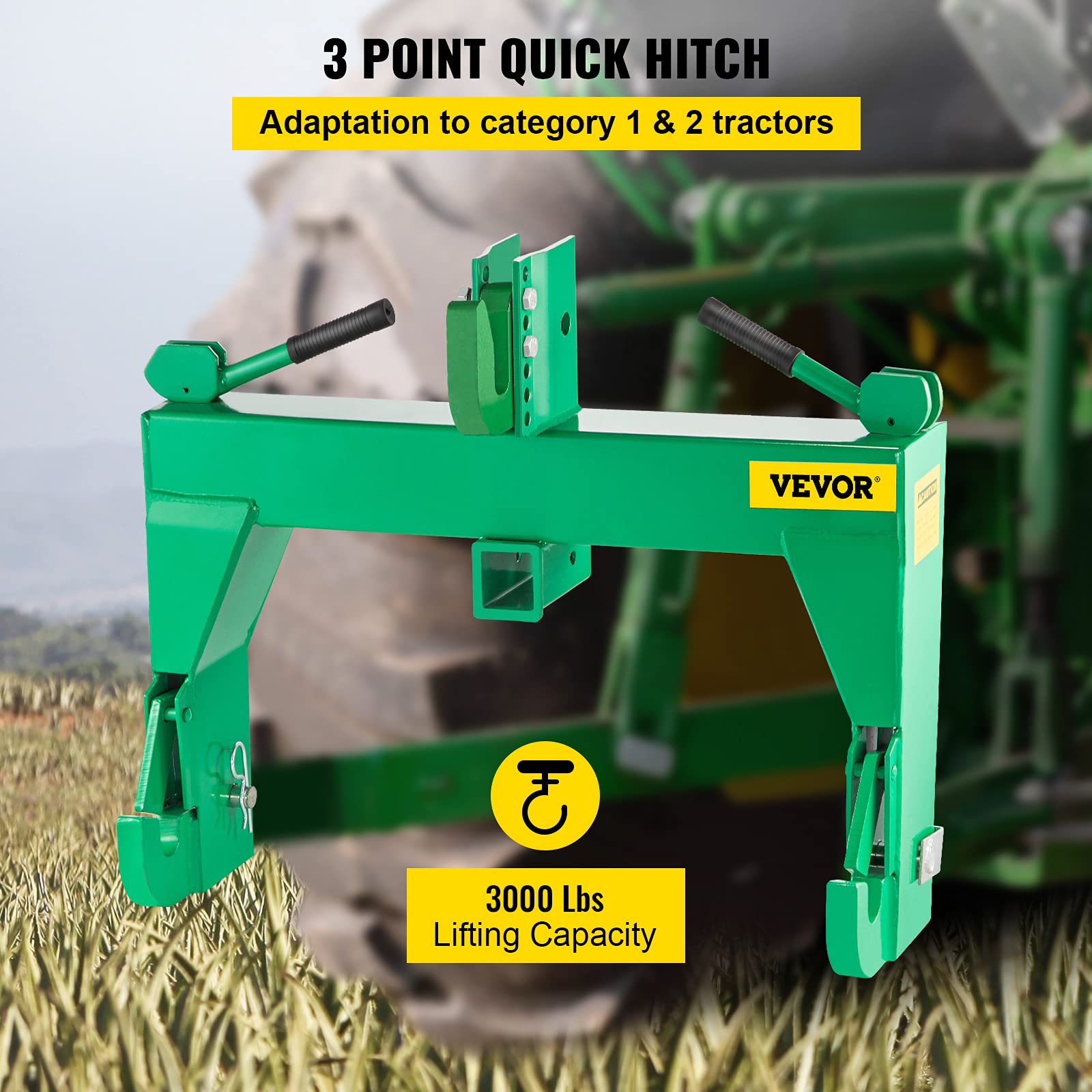 VEVOR 3-Point Quick Hitch, 3080 LBS Lifting Capacity Tractor Quick Hitch, 27.5" Between Lower Arms Attachments Quick Hitch, No Welding & 5 Level Adjustable Bolt, Adaptation to Category 1 & 2 Tractors