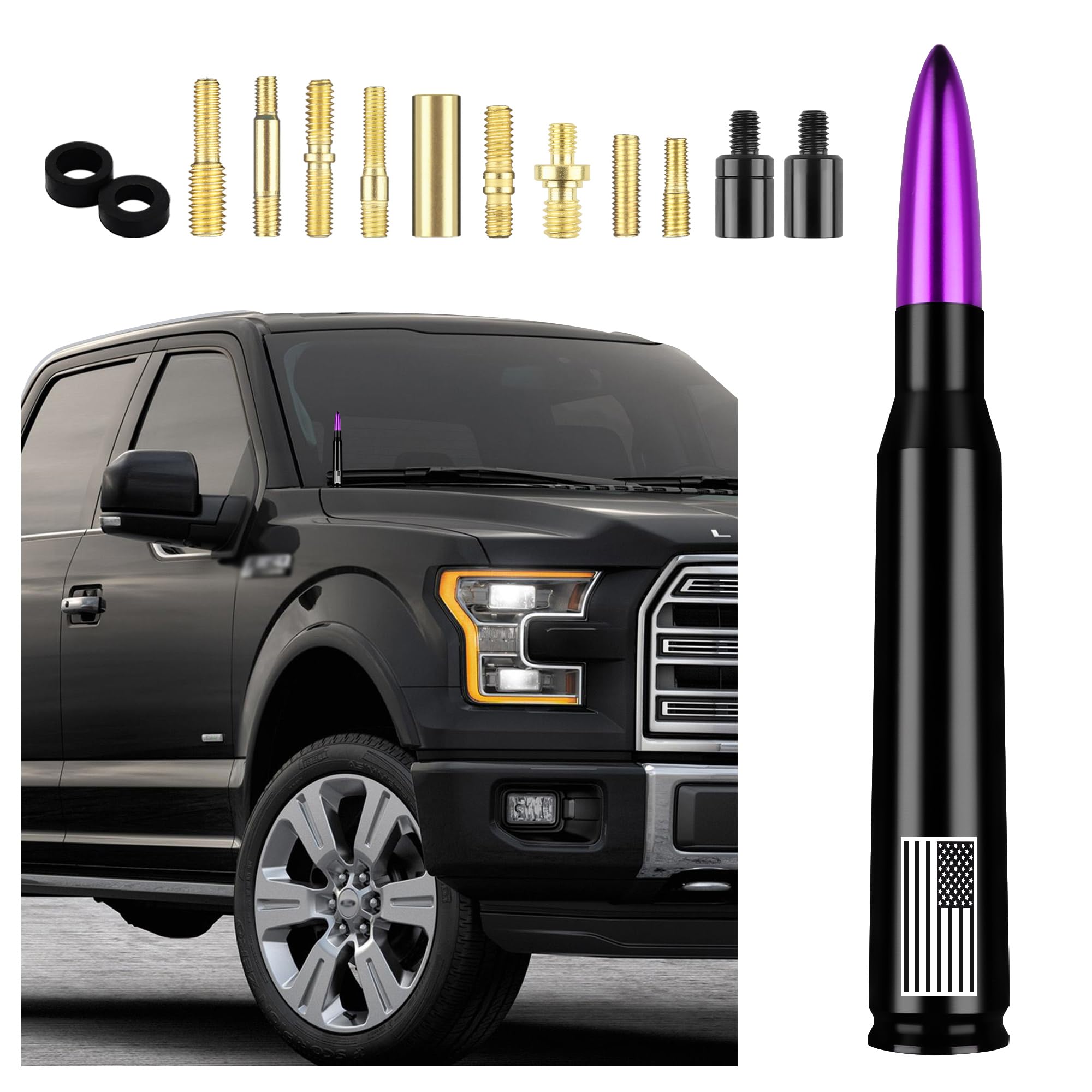 American Flag Car Bullet Antenna,Truck Exterior Decoration Accessories[New Upgrade Flag Design] AM/FM Radio Signal for Car SUV Truck Most Auto Cars Antenna Accessories(Purple)