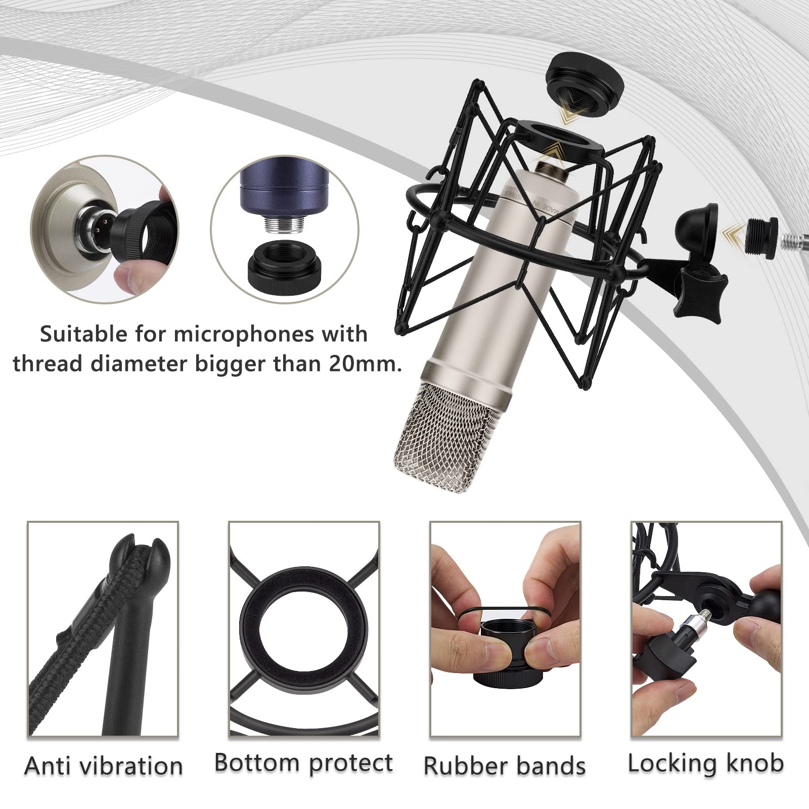 Geekria for Creators Microphone Shock Mount Compatible with Rode NT-USB, NT1-A, NT2-A, NT1000, NT2000, Procaster, K2, Mic Anti-Vibration Suspension Adapter Clamp Mic Holder Clip (Black/Metal)