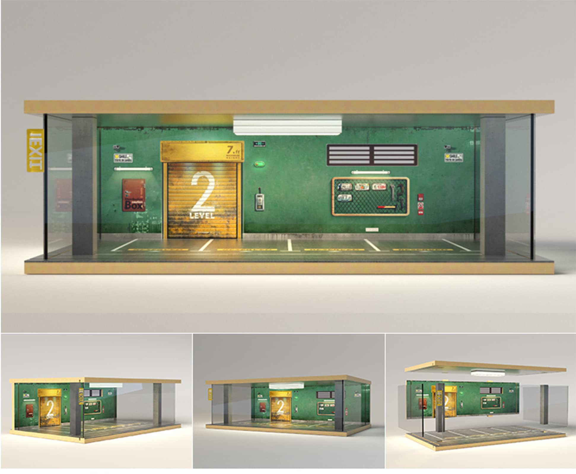 Display Case for 1/32 or 1/36 Diecast Cars, Acrylic Display Case for Toy Motorcyle with LED Lighting, 4P Green Wall