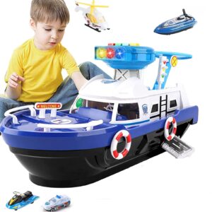 Ship Toy Set Boat Toys with Police Car and Mini Helicopter with Sound and Light Airplane Toys for Kids 4 5 6 Year (Blue)