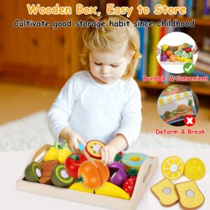 Wooden Pretend Play Food Sets Cutting Toys for Kids Kitchen Accessories Playset Montessori Toys with Toy Knife Velcro Fruit Board Learning Educational Fine Motor Skills Toddler Toys Birthday Gift