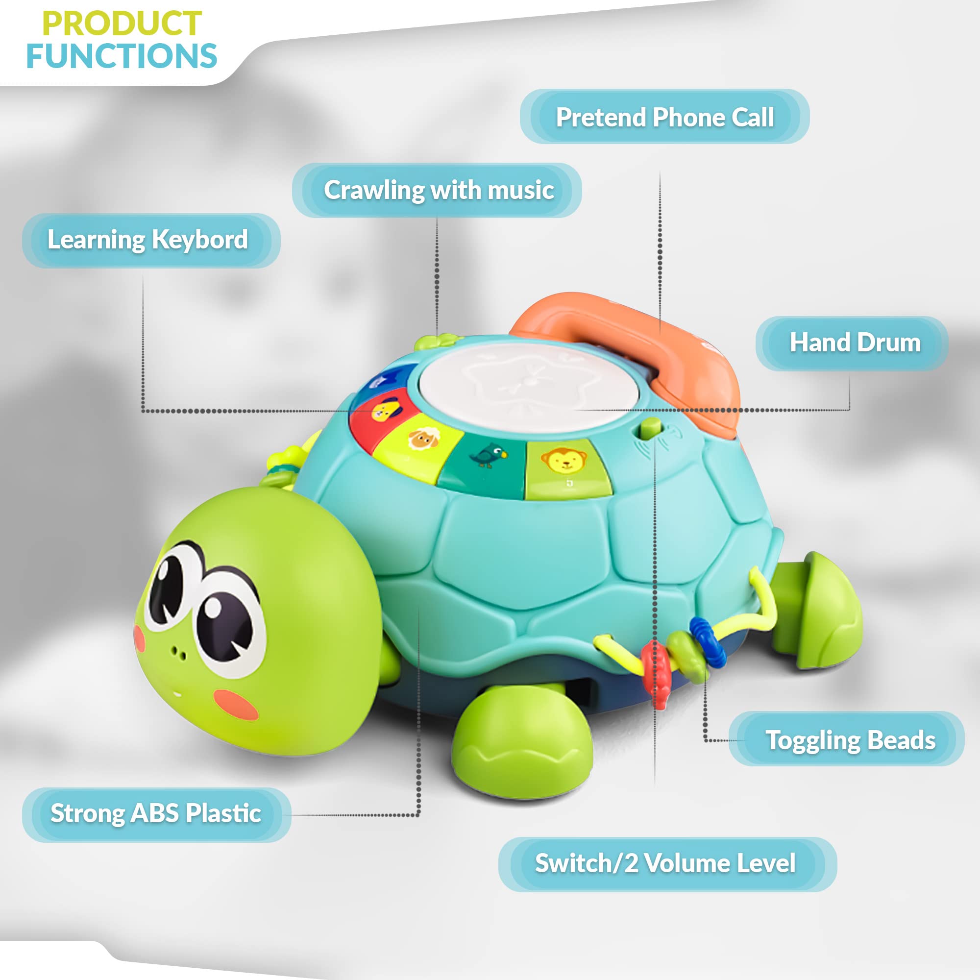 Boxgear Musical Turtle Toy - Baby Crawling Toys for Babies 18+ Months - Learning with Sound, Music, Lights, Phone, Letters, Numbers - for Motor Skills, Cognitive Development, Hand-Eye Coordination