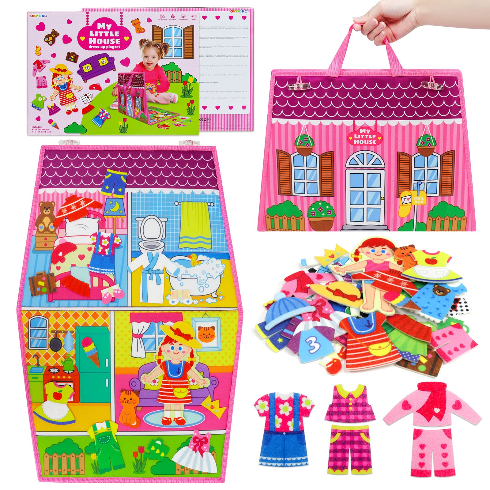 OKOOKO Dress Up House Felt Board 35PCS Double-Sided Foldable Dress Up Teaching Girls Toy Preschool Crafts Storytelling Early Learning Interactive Play Kit for Toddlers Kids