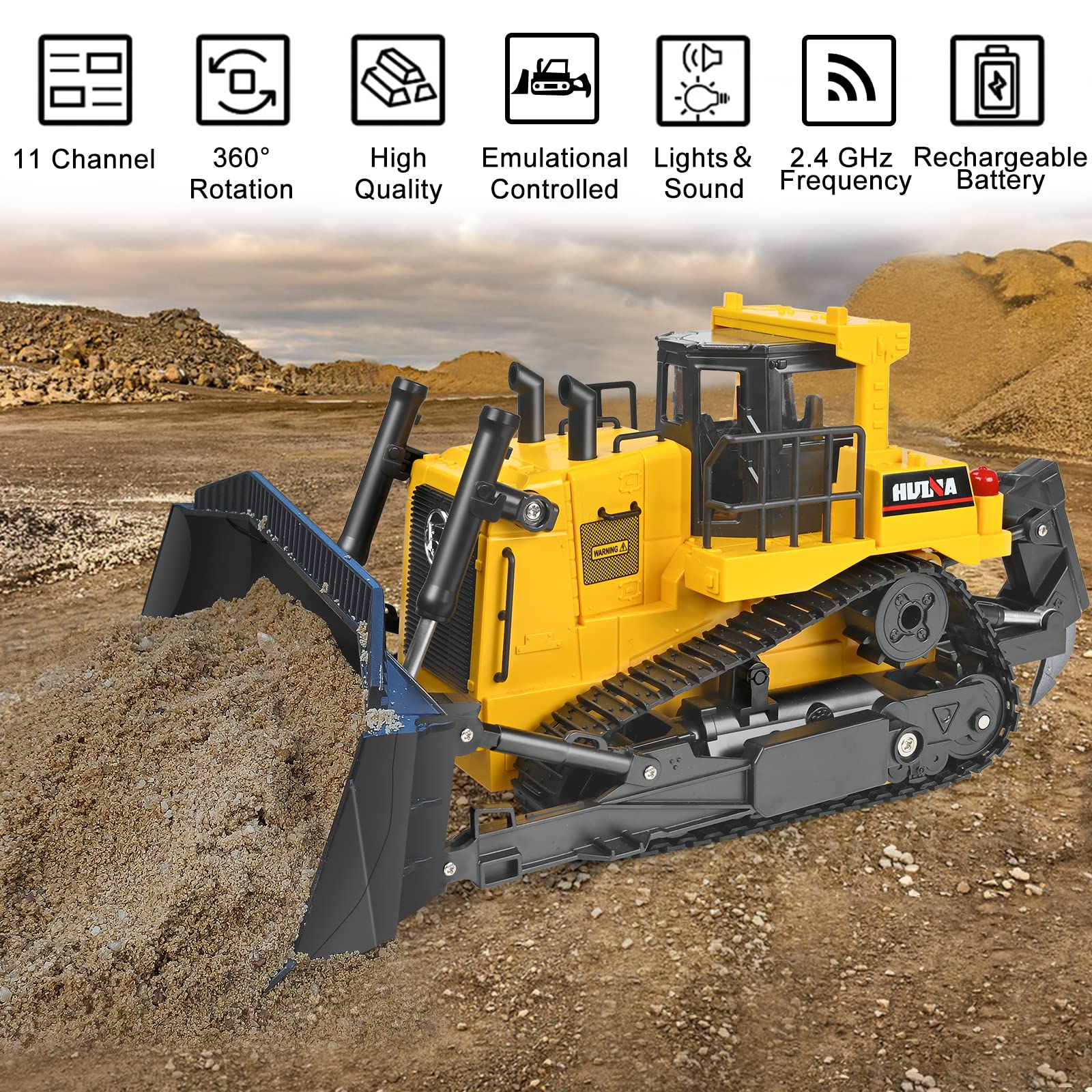 KidsFaves 11 Channel Remote Control Bulldozer, 1/16 Scale 2.4Ghz Full Functional Construction Vehicle, Rc Bulldozer Toys with Lights and Sounds for 6 7 8 9 10+ Years Old