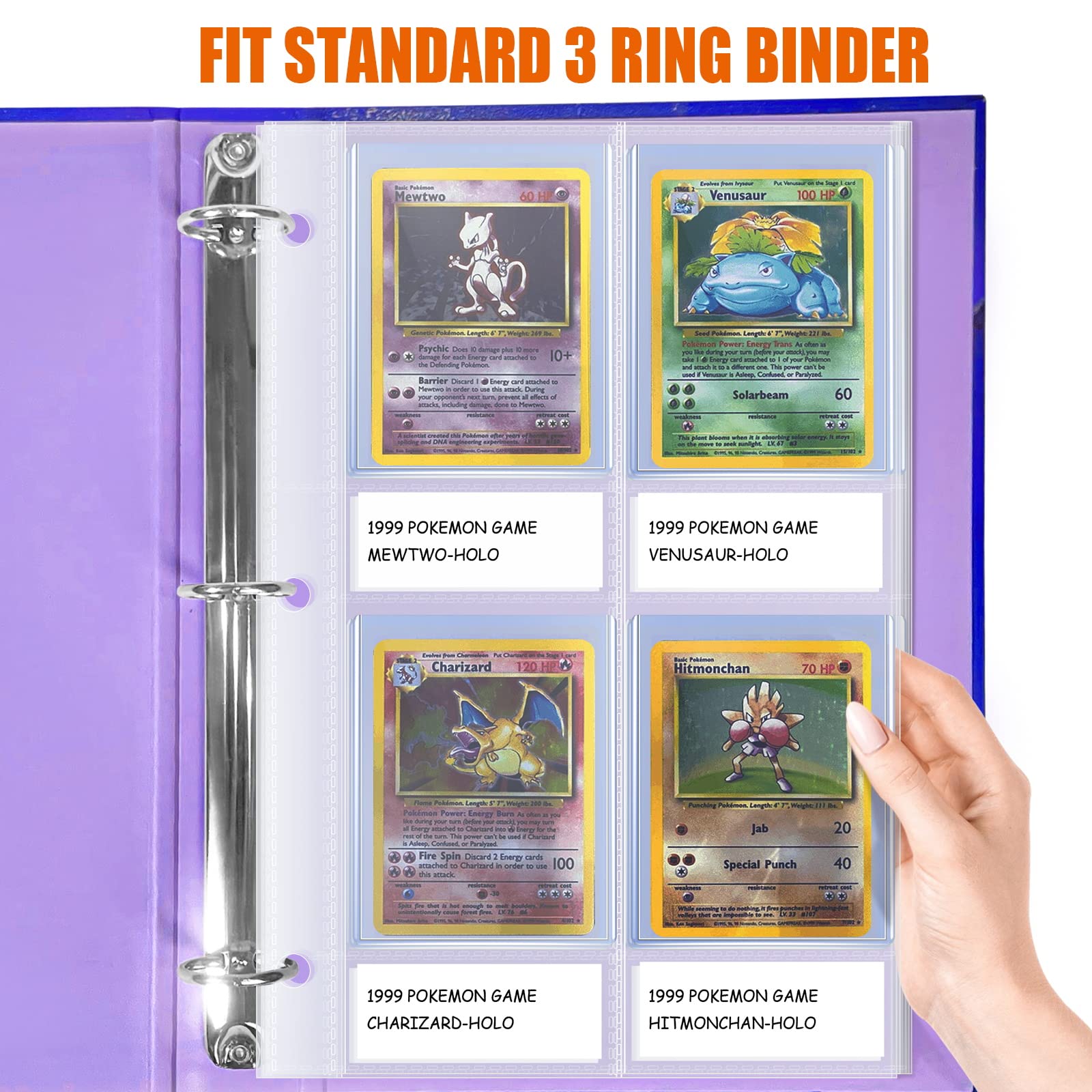 4 Pocket Top Loader Sleeves, Trading Card Binder Pages, Baseball Card Storage Sleeves for 3 Ring Binder-50 Pages