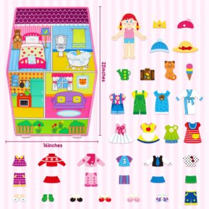 OKOOKO Dress Up House Felt Board 35PCS Double-Sided Foldable Dress Up Teaching Girls Toy Preschool Crafts Storytelling Early Learning Interactive Play Kit for Toddlers Kids