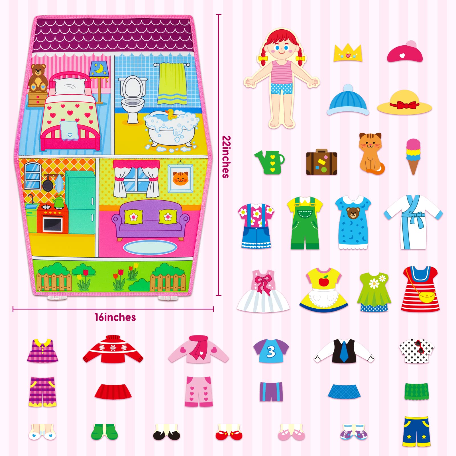 OKOOKO Dress Up House Felt Board 35PCS Double-Sided Foldable Dress Up Teaching Girls Toy Preschool Crafts Storytelling Early Learning Interactive Play Kit for Toddlers Kids