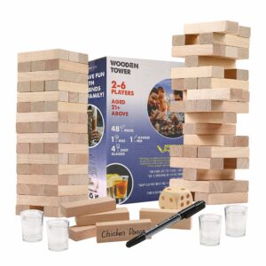 betterline wooden tower stacking blocks drinking game - 48 pieces - tumbling tower for adults - friends party game, bachelor party, bachelorette party (48 pieces)