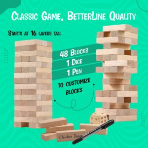 BETTERLINE Wooden Tower Stacking Blocks Game - 48 Pieces - Tumbling Tower Toy for Kids & Adults - Classic Family Game