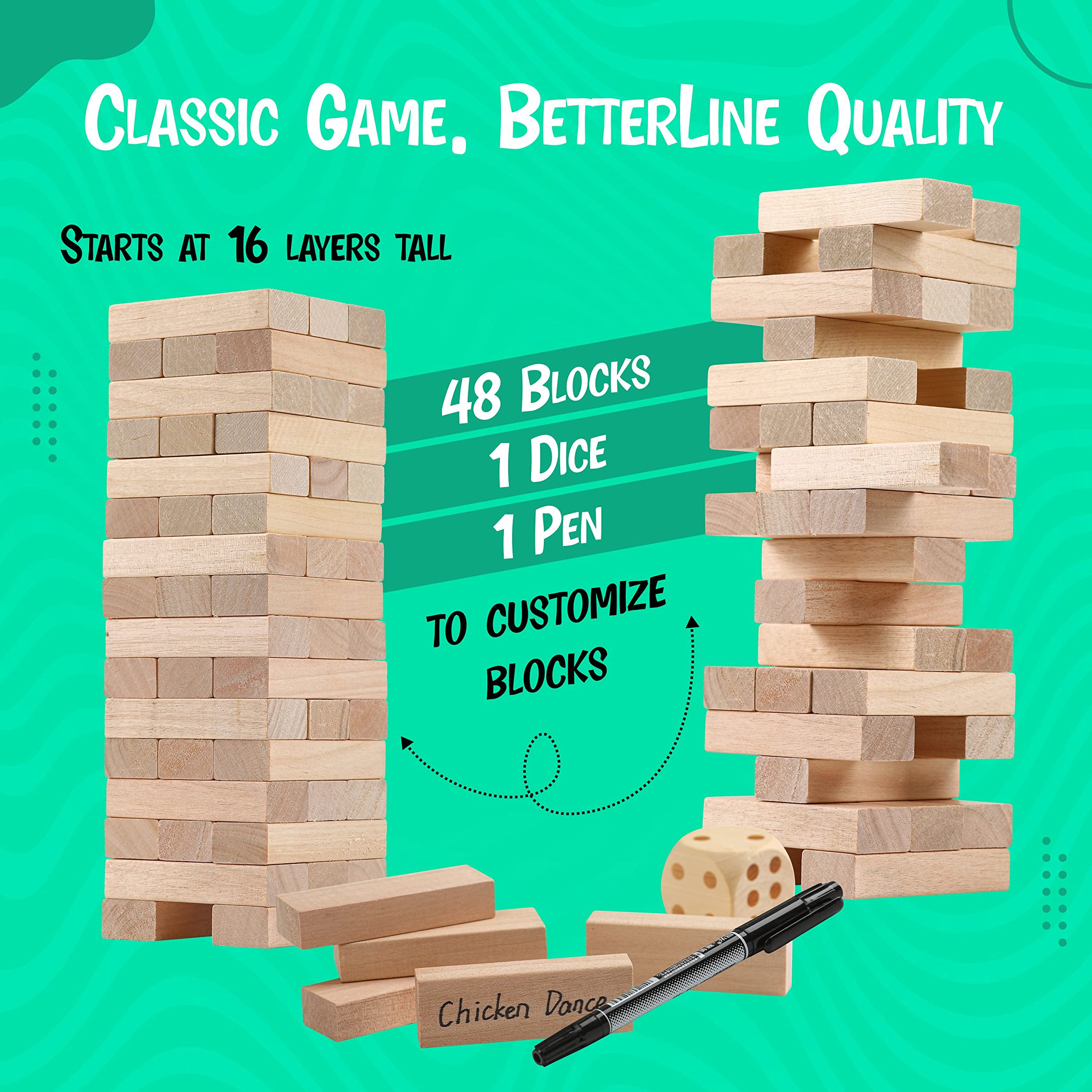 BETTERLINE Wooden Tower Stacking Blocks Game - 48 Pieces - Tumbling Tower Toy for Kids & Adults - Classic Family Game