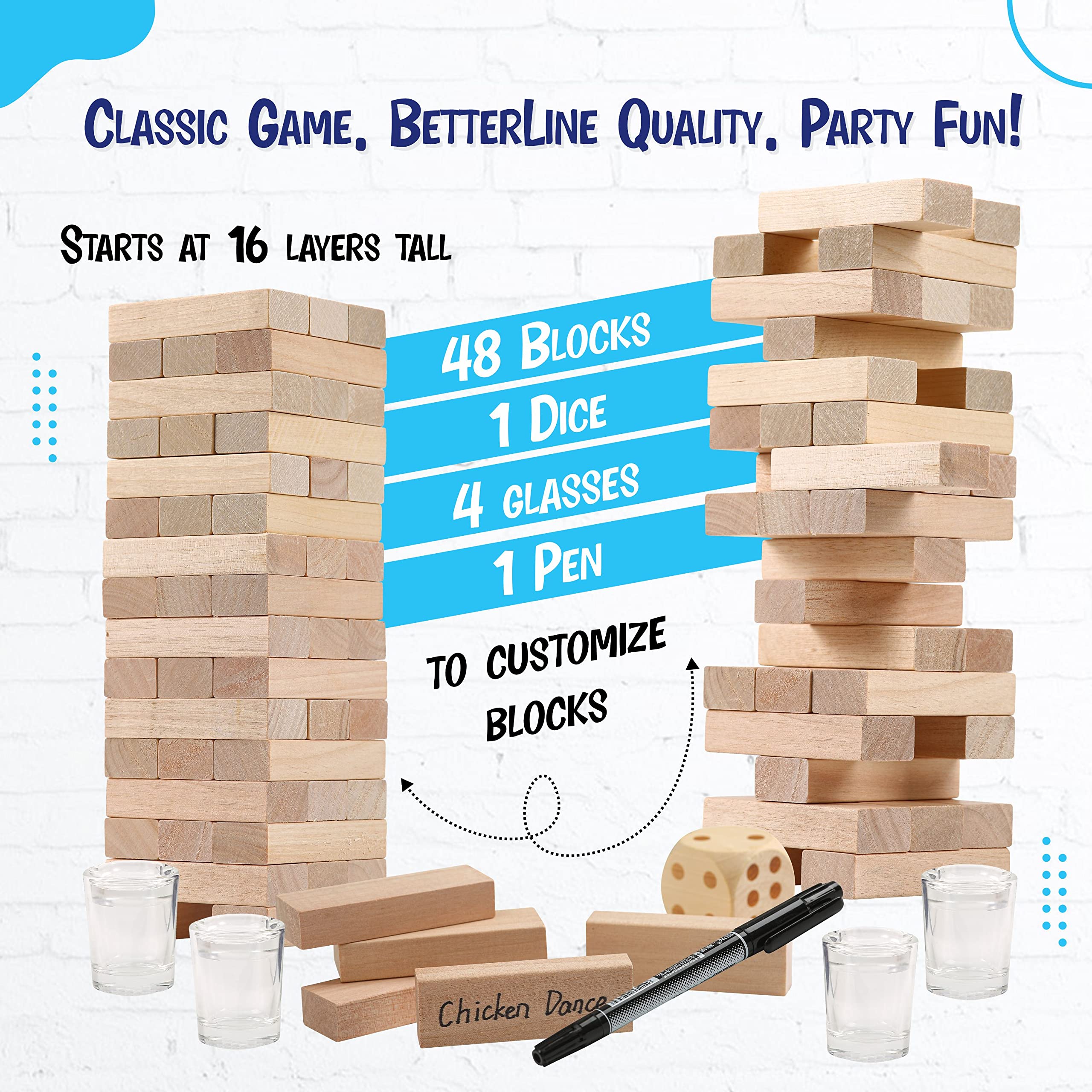 BETTERLINE Wooden Tower Stacking Blocks Drinking Game - 48 Pieces - Tumbling Tower for Adults - Friends Party Game, Bachelor Party, Bachelorette Party (48 Pieces)