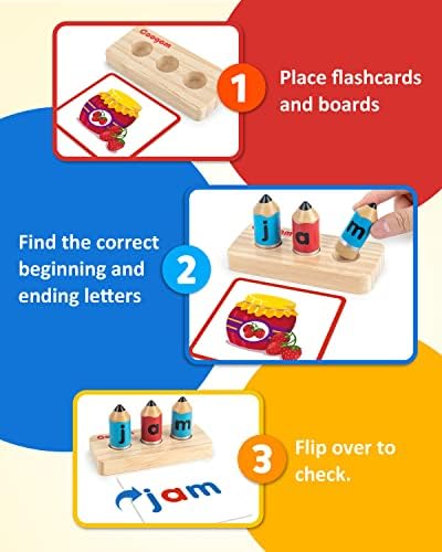 Coogam Wooden Short Vowel Spelling Games, Learn to Spell CVC Sight Words Educational Flashcards Fine Motor Montessori Alphabet Toy Gift for Kids 3 4 5 Years Old