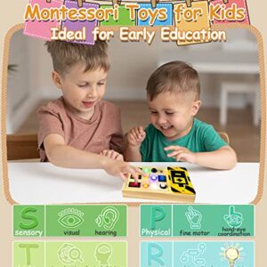 TEUVO LED Light Switch Busy Board for Toddler with Sound Montessori Toys Wooden Sensory Board Travel Toys with Button Keep Toddler Busy Educational Learning Toy Gifts for Kids Boy Girls Aged 1 2 3 4 5