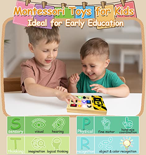 TEUVO LED Light Switch Busy Board for Toddler with Sound Montessori Toys Wooden Sensory Board Travel Toys with Button Keep Toddler Busy Educational Learning Toy Gifts for Kids Boy Girls Aged 1 2 3 4 5