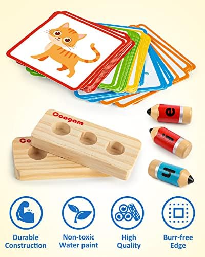 Coogam Wooden Short Vowel Spelling Games, Learn to Spell CVC Sight Words Educational Flashcards Fine Motor Montessori Alphabet Toy Gift for Kids 3 4 5 Years Old