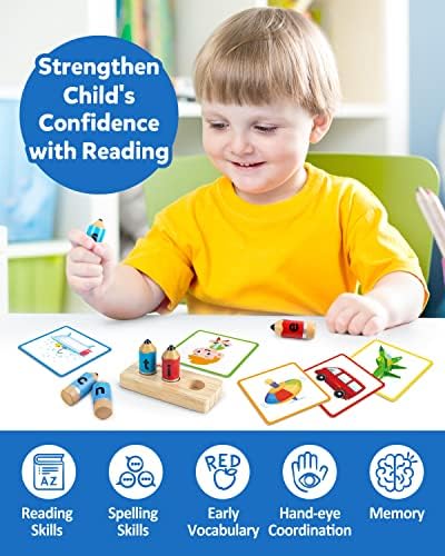 Coogam Wooden Short Vowel Spelling Games, Learn to Spell CVC Sight Words Educational Flashcards Fine Motor Montessori Alphabet Toy Gift for Kids 3 4 5 Years Old