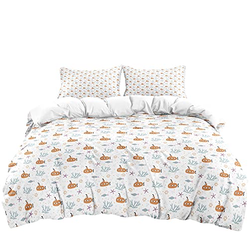 JIJIWANG Submarine Coral Print Duvet Cover Sets Cal King with 2 Pillowshames Boys Girls Coastal Starfish Fish Print Comforter Cover Sets for Kids Bedroom Bedding Sets Soft Polyester