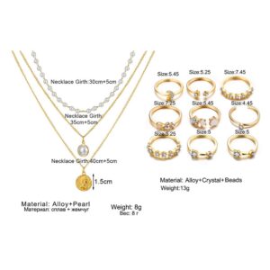 CONGYING 34 PCS Gold Color Jewelry Set with 3 PCS Necklace, 10 PCS Bracelet, 12PCS Ear Cuffs Earring, 9 Pcs Knuckle Rings For Women Valentine Anniversary