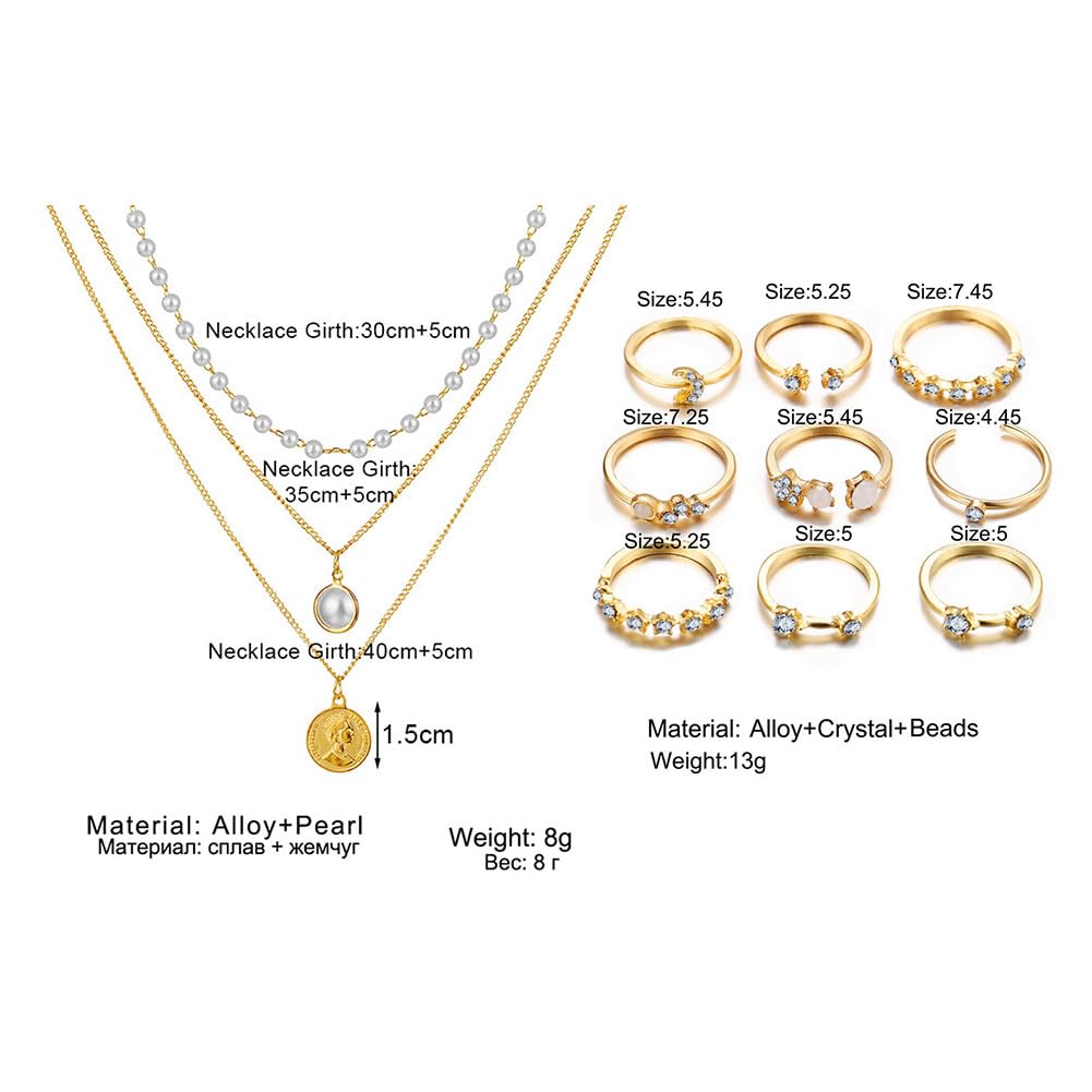 CONGYING 34 PCS Gold Color Jewelry Set with 3 PCS Necklace, 10 PCS Bracelet, 12PCS Ear Cuffs Earring, 9 Pcs Knuckle Rings For Women Valentine Anniversary