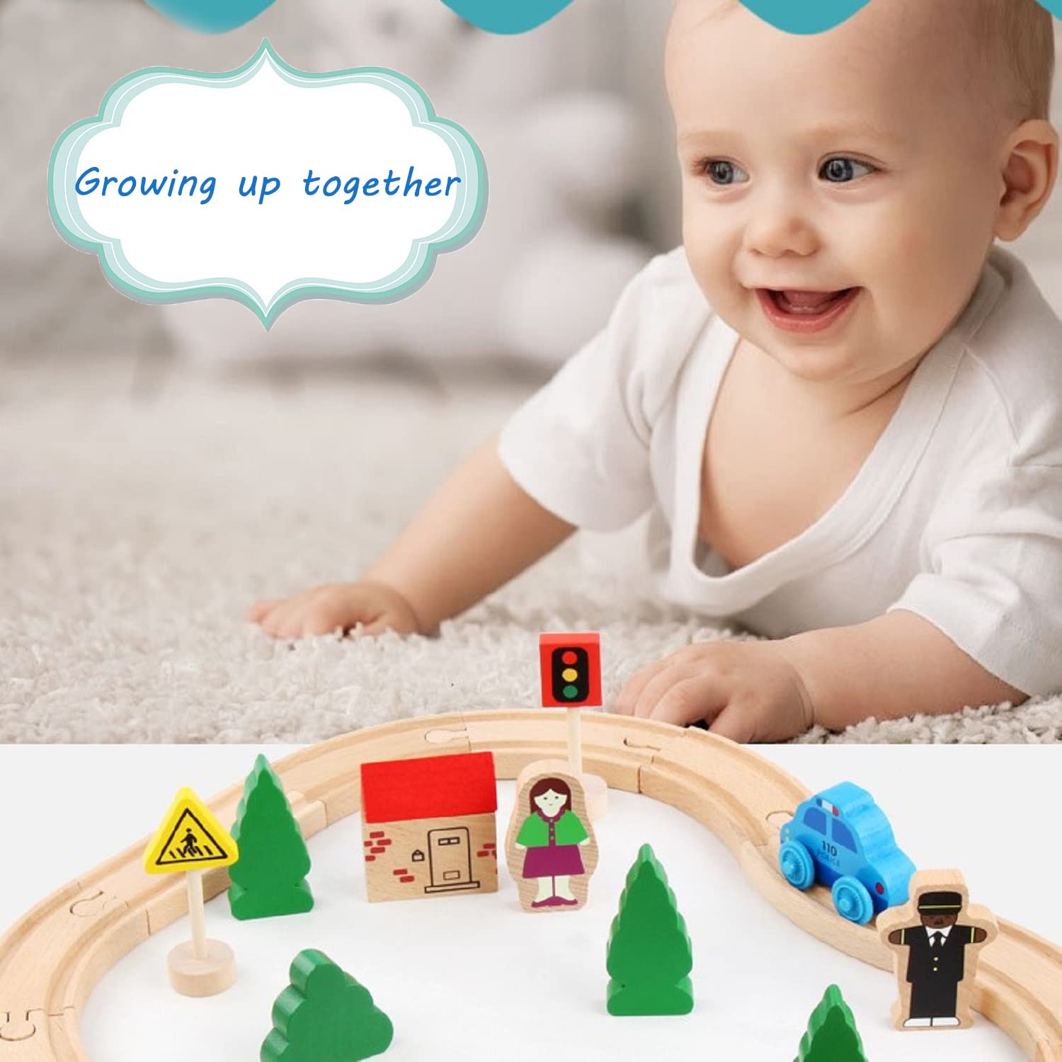 Wooden Train Tracks Toys for Toddler, 33 Pieces Magnetic Train with Wooden Tracks Fits for Thomas, Brio, Chuggington, Melissa and Doug, Wooden Rail Set Train Toy gifts for 3 4 5 Years Old Girls & Boys