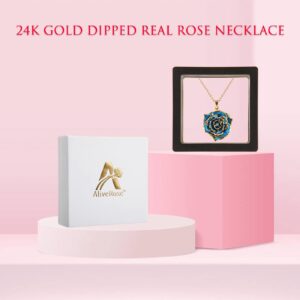 AliveRose Rose Pendant Necklaces Gifts for Women, 24K Gold Dipped Real Rose Dangle Necklace Jewelry - Ideal Gift for Her Wife Mom Anniversaries, Valentines (Blue)