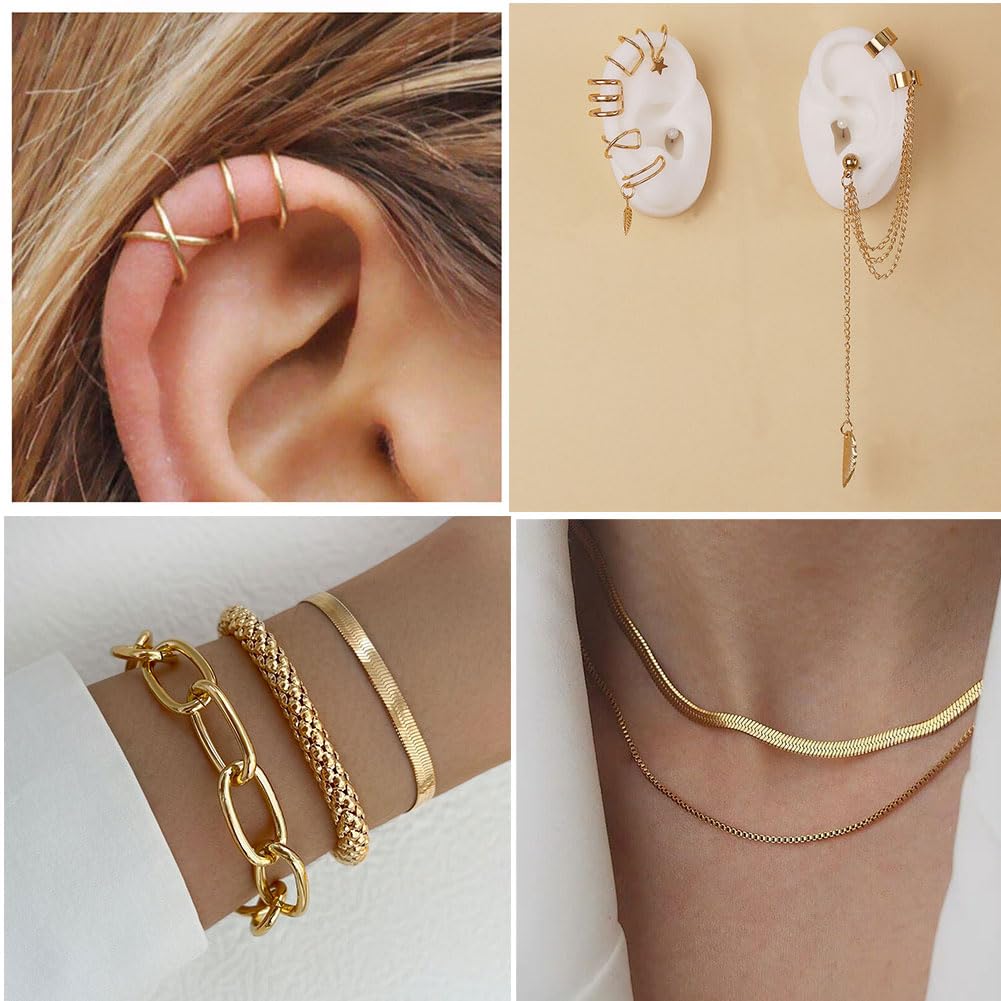 CONGYING 34 PCS Gold Color Jewelry Set with 3 PCS Necklace, 10 PCS Bracelet, 12PCS Ear Cuffs Earring, 9 Pcs Knuckle Rings For Women Valentine Anniversary