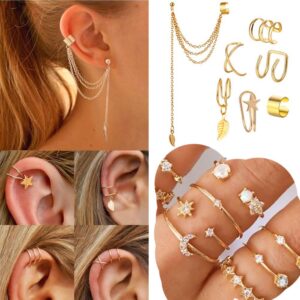 CONGYING 34 PCS Gold Color Jewelry Set with 3 PCS Necklace, 10 PCS Bracelet, 12PCS Ear Cuffs Earring, 9 Pcs Knuckle Rings For Women Valentine Anniversary