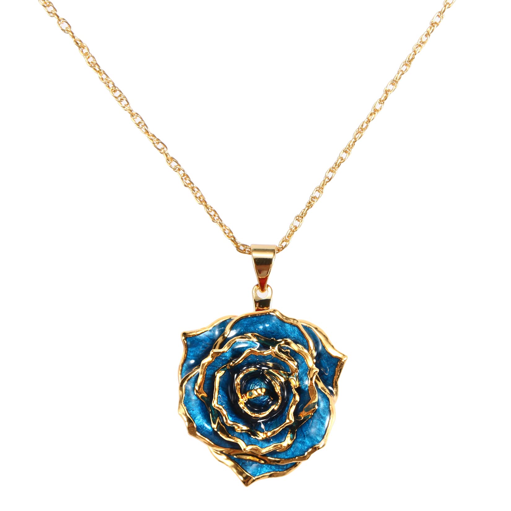 AliveRose Rose Pendant Necklaces Gifts for Women, 24K Gold Dipped Real Rose Dangle Necklace Jewelry - Ideal Gift for Her Wife Mom Anniversaries, Valentines (Blue)