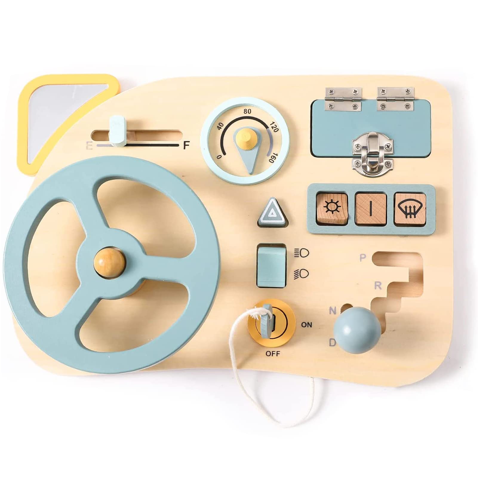 TEUVO Montessori Toy Steering Wheel Wooden Busy Board Wooden Sensory Toys for Toddlers, Dashboard Board 3 Preschool Learning Activities for Fine Motor Skills Travel, Gifts for Kids Aged 3 4 5 6 7