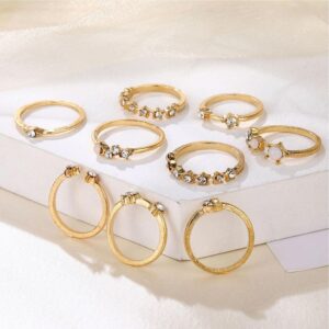 CONGYING 34 PCS Gold Color Jewelry Set with 3 PCS Necklace, 10 PCS Bracelet, 12PCS Ear Cuffs Earring, 9 Pcs Knuckle Rings For Women Valentine Anniversary