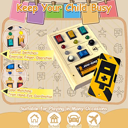 TEUVO LED Light Switch Busy Board for Toddler with Sound Montessori Toys Wooden Sensory Board Travel Toys with Button Keep Toddler Busy Educational Learning Toy Gifts for Kids Boy Girls Aged 1 2 3 4 5