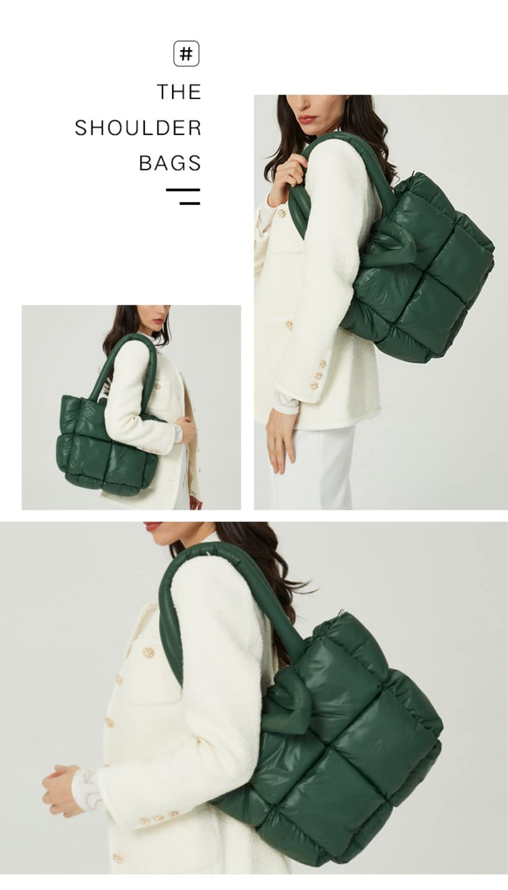 Puffer Tote Bag Quilted Tote Bag for Women Down Fall Winter Handbag Puff Bag Aesthetic Shoulder Bag Stuffing Pillow Bag (White)