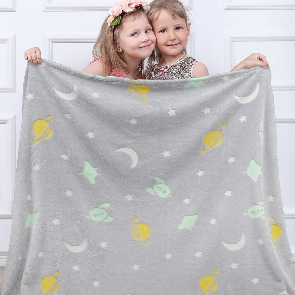 PAVILIA Glow in the Dark Blanket, Spaceship Space Gift for Girls Boys, Toy Blanket for 1 2 3 4 5 6 7 8 9 10 Year Old Boy, Soft Plush Fleece Kids Gift Blanket for Birthday, Christmas, Room Decor, 50x60