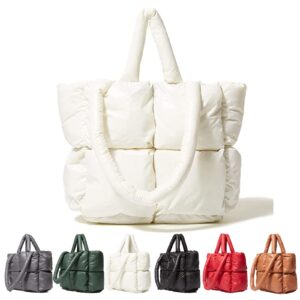 Puffer Tote Bag Quilted Tote Bag for Women Down Fall Winter Handbag Puff Bag Aesthetic Shoulder Bag Stuffing Pillow Bag (White)