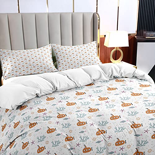 JIJIWANG Submarine Coral Print Duvet Cover Sets Cal King with 2 Pillowshames Boys Girls Coastal Starfish Fish Print Comforter Cover Sets for Kids Bedroom Bedding Sets Soft Polyester