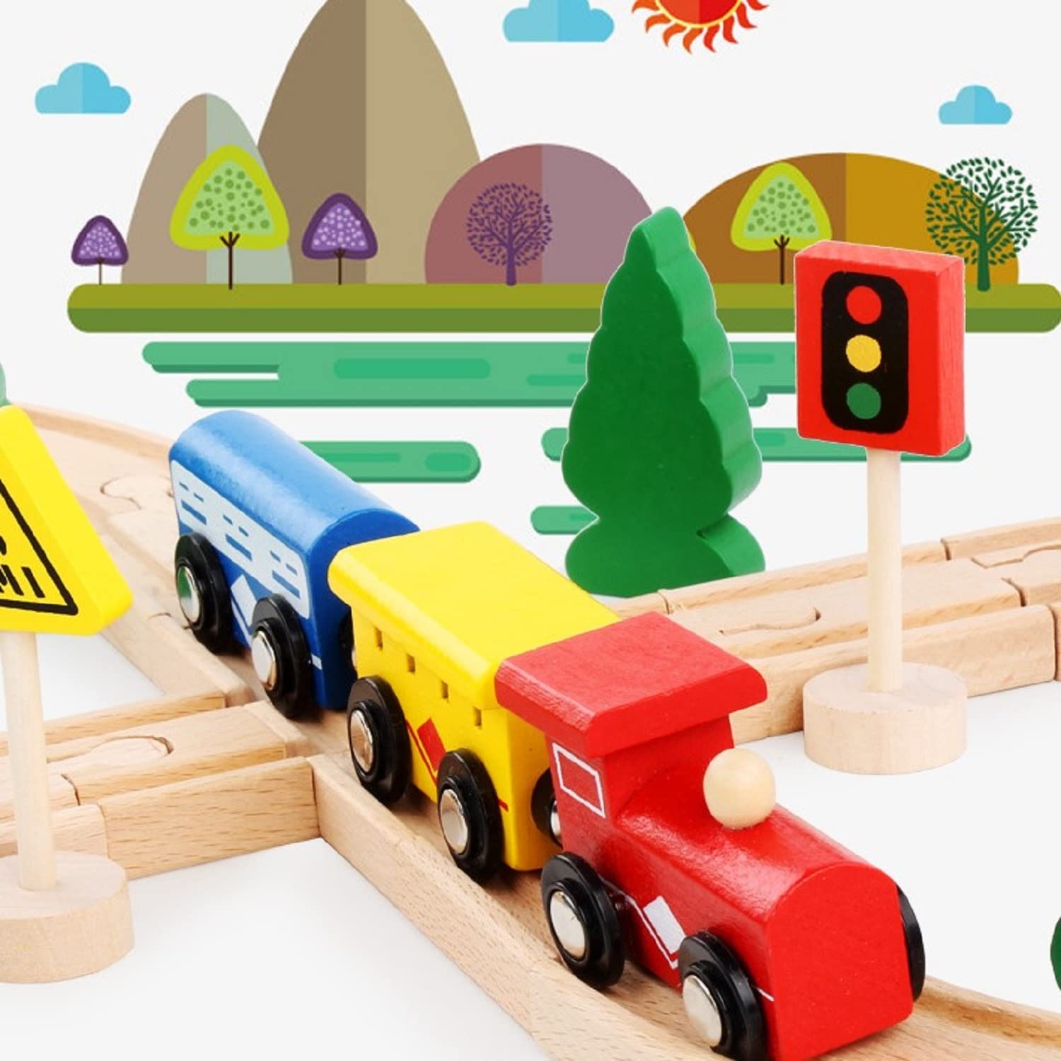 Wooden Train Tracks Toys for Toddler, 33 Pieces Magnetic Train with Wooden Tracks Fits for Thomas, Brio, Chuggington, Melissa and Doug, Wooden Rail Set Train Toy gifts for 3 4 5 Years Old Girls & Boys