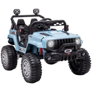 aosom 12v kids ride on car with remote control, battery-operated ride on toy with spring suspension, led lights, music, horn, 3 speeds, usb, mp3, blue