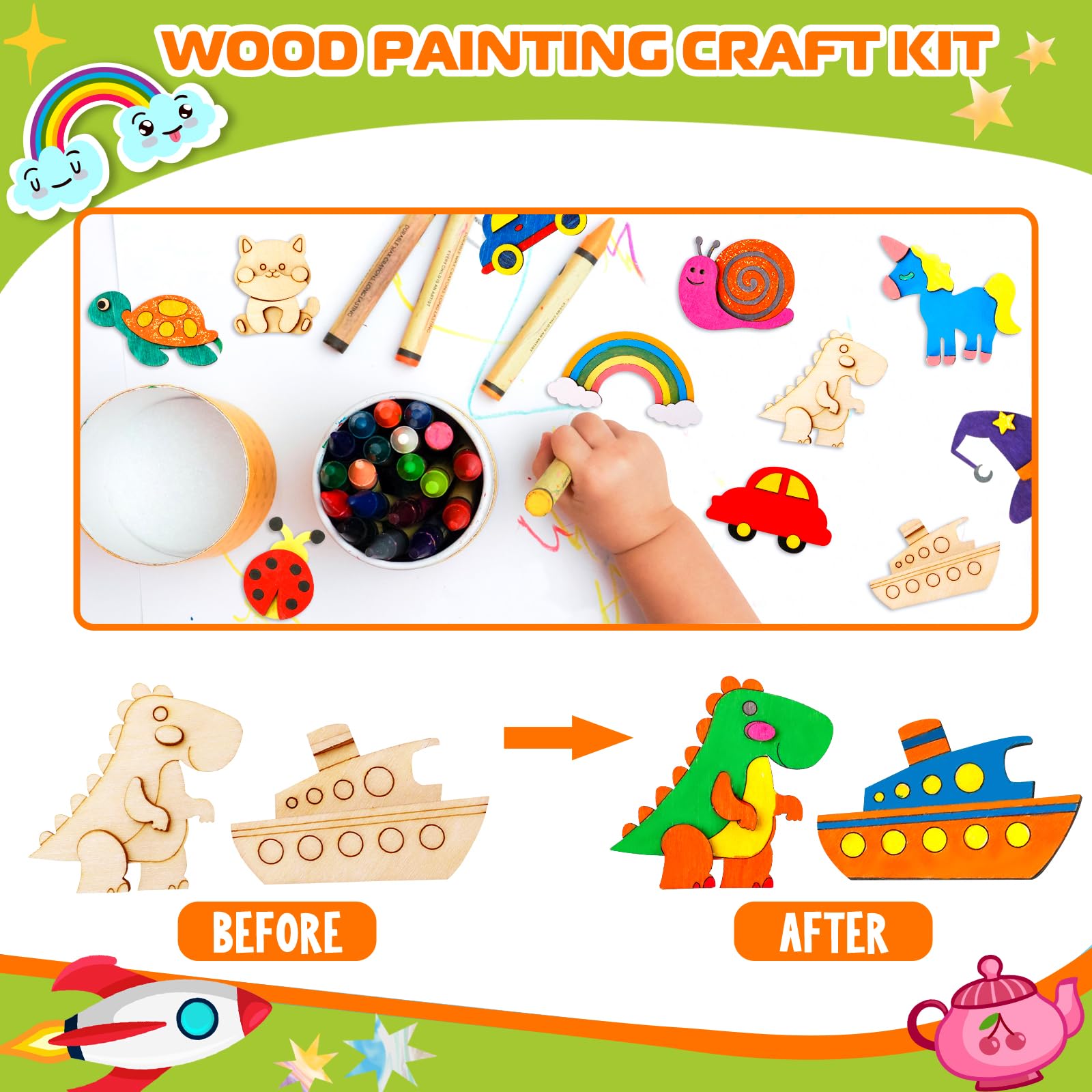 MGparty 36pcs DIY Wooden Magnets Painting Craft Kit, Wooden Art Craft Bulk Toys for Kids Age 3,4,5,6,7,8-12, Party Favors Decorate Your Own Painting Birthday Gifts for Boys Girls