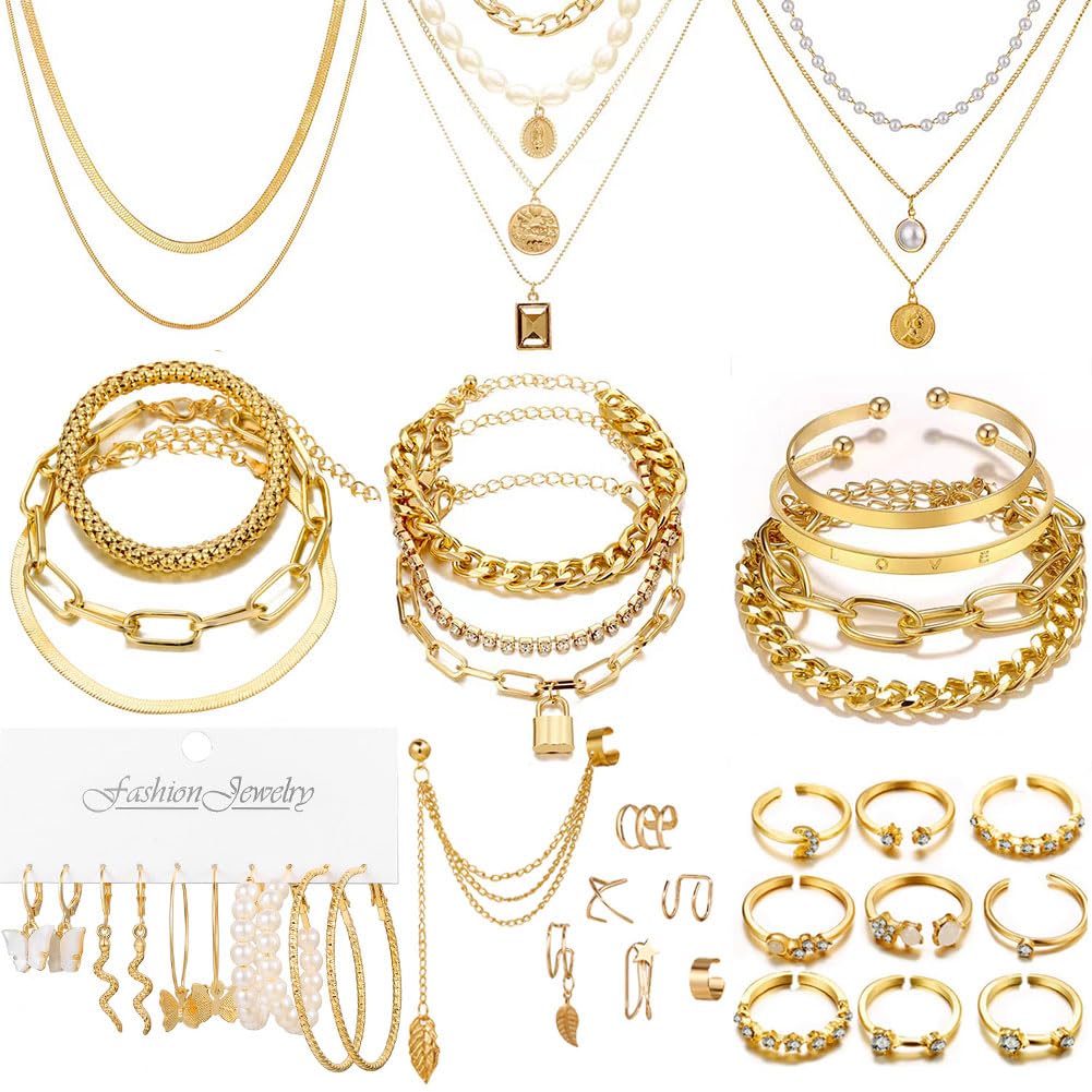 CONGYING 34 PCS Gold Color Jewelry Set with 3 PCS Necklace, 10 PCS Bracelet, 12PCS Ear Cuffs Earring, 9 Pcs Knuckle Rings For Women Valentine Anniversary