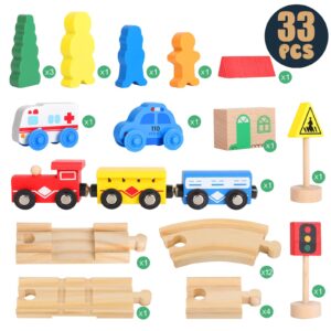 Wooden Train Tracks Toys for Toddler, 33 Pieces Magnetic Train with Wooden Tracks Fits for Thomas, Brio, Chuggington, Melissa and Doug, Wooden Rail Set Train Toy gifts for 3 4 5 Years Old Girls & Boys