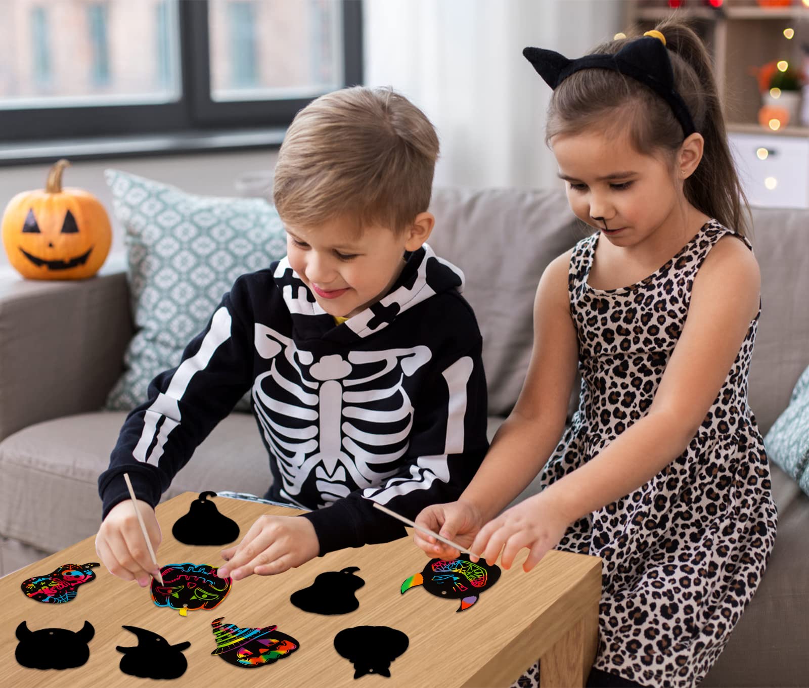 FaCraft Halloween Scratch Art for Kids 24pcs Pumpkins Cat Witch Ghost Rainbow Scratch Art Paper DIY Scratch Art Crafts for Classroom Family Halloween Thanksgiving Fall Party Games Favors