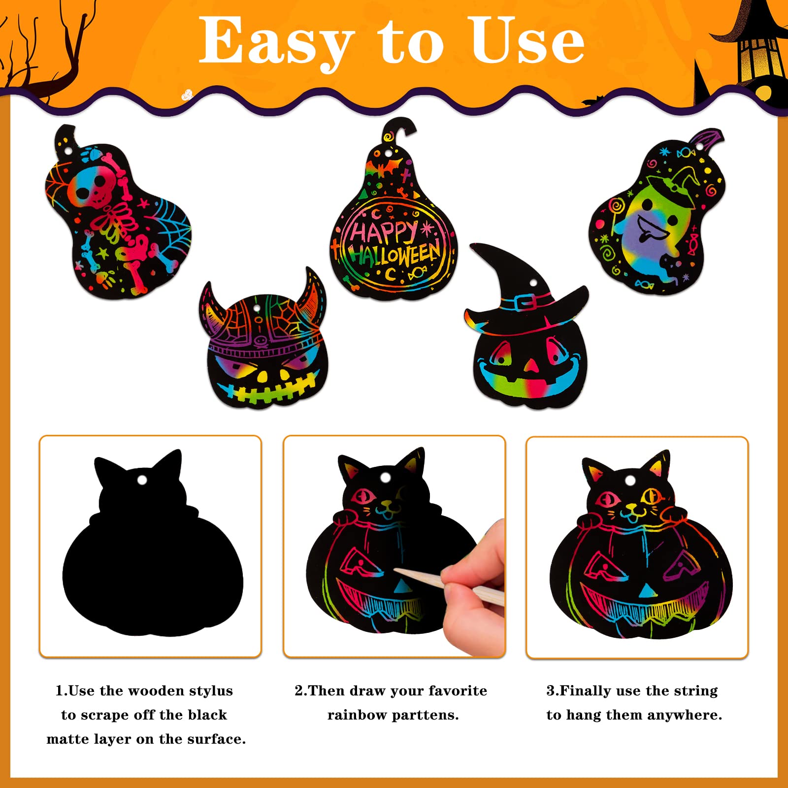 FaCraft Halloween Scratch Art for Kids 24pcs Pumpkins Cat Witch Ghost Rainbow Scratch Art Paper DIY Scratch Art Crafts for Classroom Family Halloween Thanksgiving Fall Party Games Favors