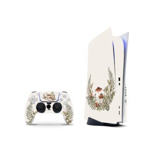 zoomhitskins compatible with ps5 skin, vintage beige mushroom forrest botanic durable, bubble-free, w/disk version, precisely cut