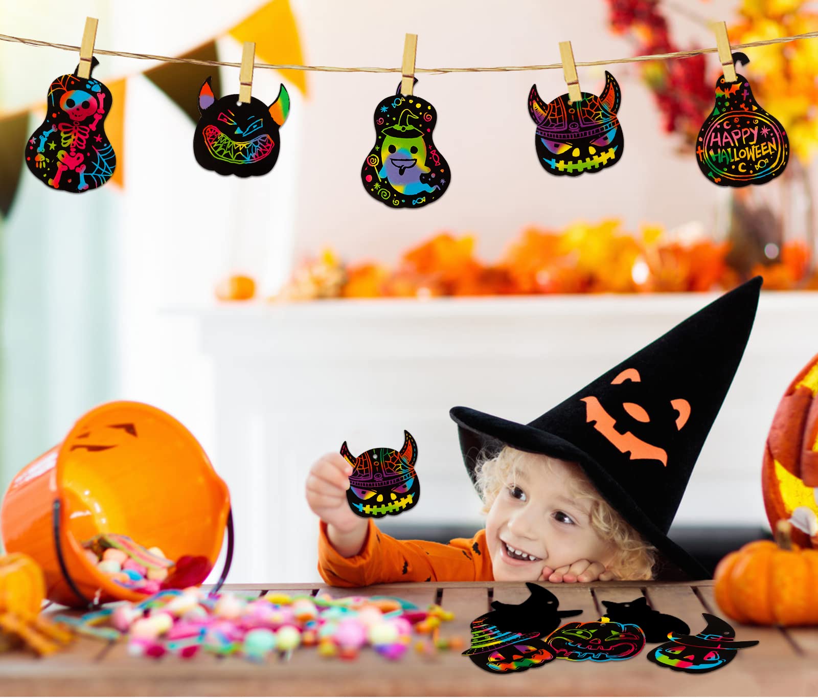 FaCraft Halloween Scratch Art for Kids 24pcs Pumpkins Cat Witch Ghost Rainbow Scratch Art Paper DIY Scratch Art Crafts for Classroom Family Halloween Thanksgiving Fall Party Games Favors